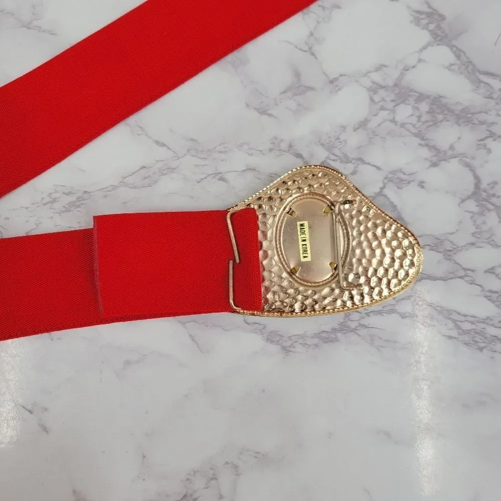 Vintage 80s Red Stretch Belt with Hammered Metal Gold Buckle Red Gem